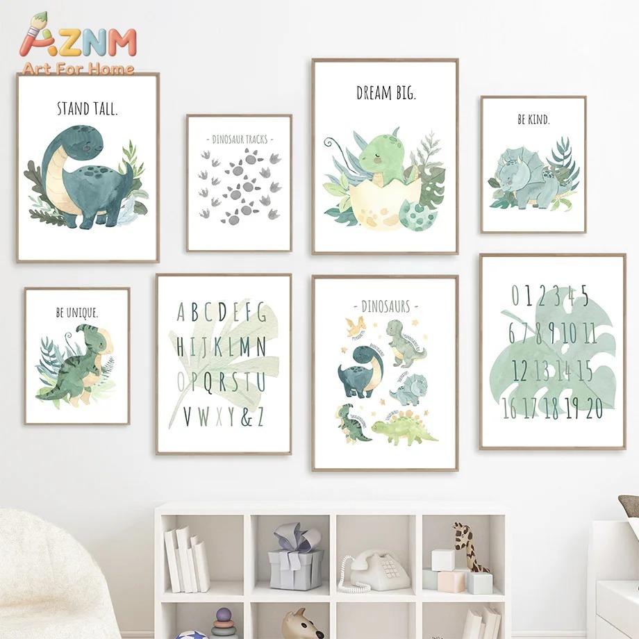 Inspirational Kids Education Quotes - AZNM Suluboya Dinozor Alfabe Sayı Kanvas